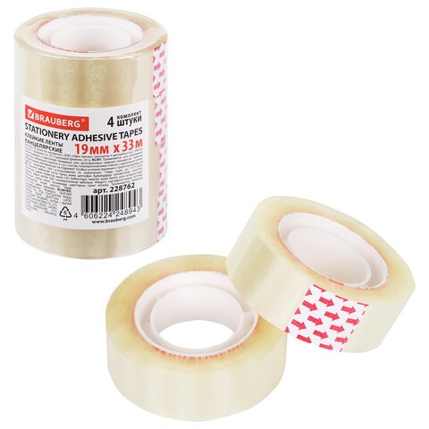 Клейкие ленты 19 мм х 33 м канцелярские BRAUBERG, 4 шт. (упак.) / 228762
