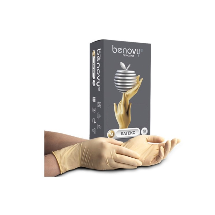Перчатки латексные опудренные Benovy Latex Powdered ST цвет натуральный, M, 50 пар (упак.) / 21533