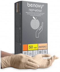BENOVY Latex Chlorinated Перчатки смотровые латексные / текстурированные / неопудренные / 50пар/упак